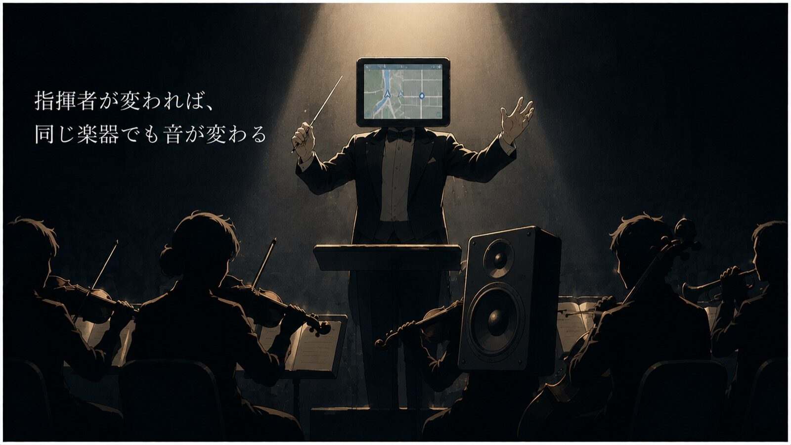 指揮者の頭がカーナビの画面、演奏者の一人がスピーカーに置き換わったイラスト。指揮者が変われば同じ楽器でも音が変わるという比喩