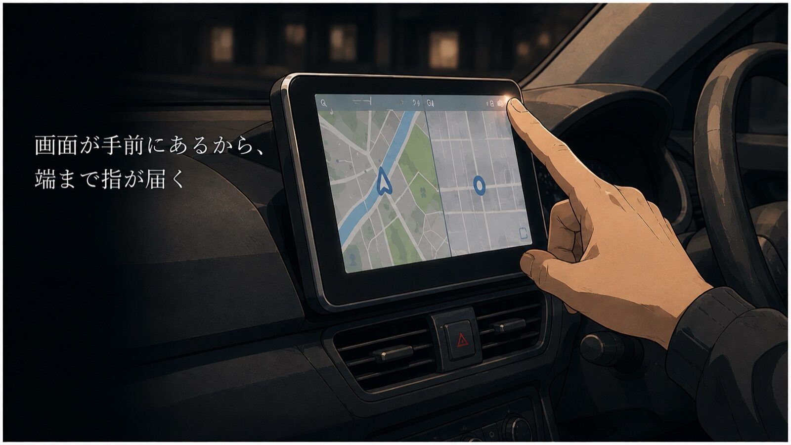 フローティング型ナビは画面が手前に迫り出しているため、指先が画面の端まで自然に届く様子