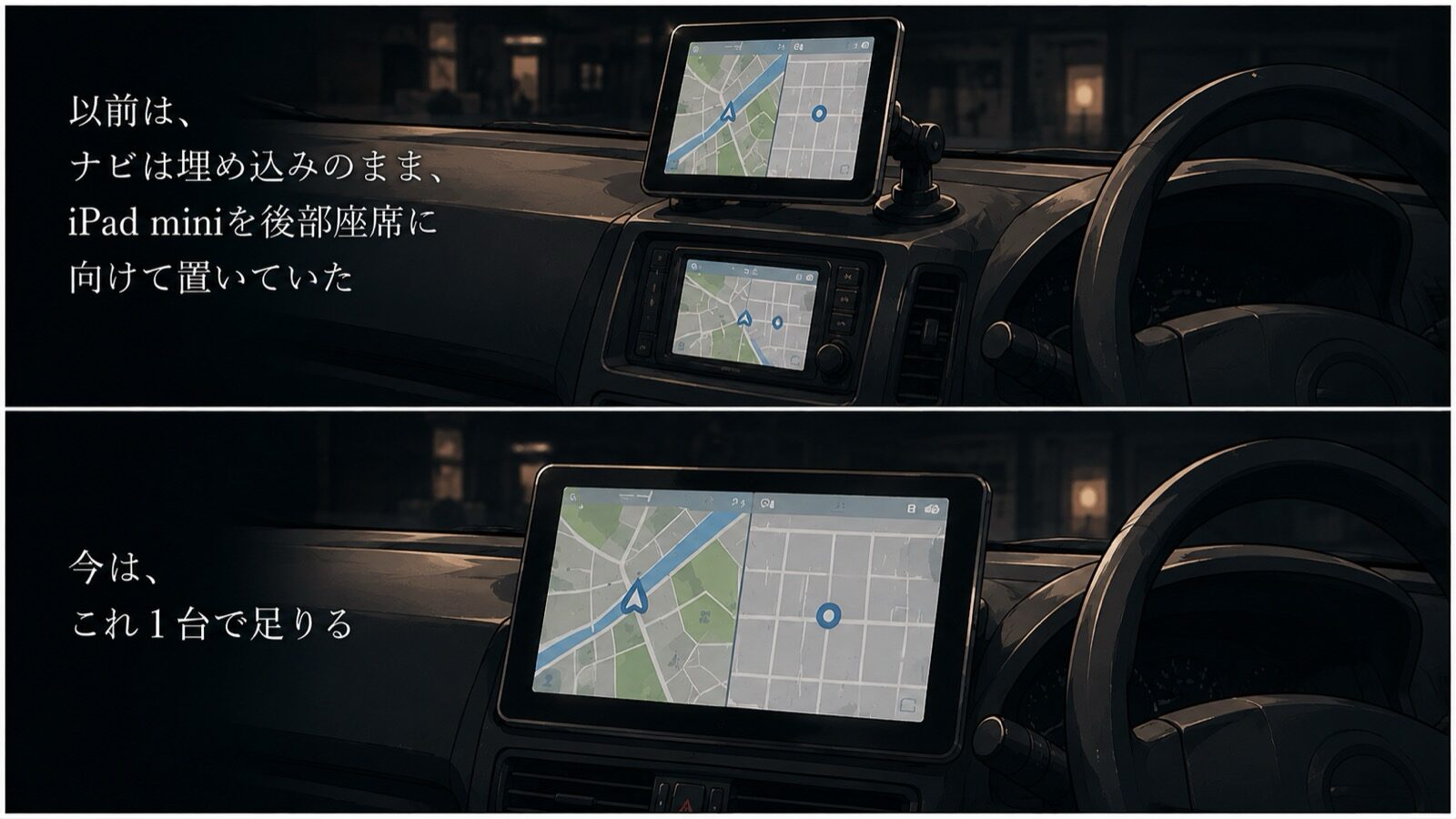 以前はナビは埋め込みのまま、iPad miniを吸盤ホルダーで後部座席に向けて設置していた様子と、大画面ナビ1台に統合された様子の比較イラスト