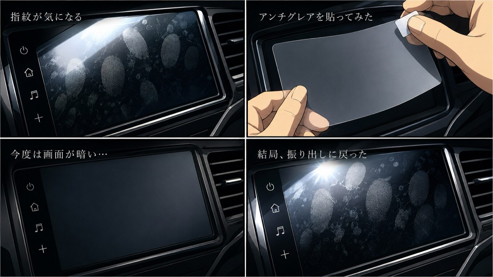 画面保護フィルム選びの4コマ。指紋が気になりアンチグレアを貼ったら画面が暗くなり、光沢タイプに戻したら結局指紋が目立って振り出しに戻った