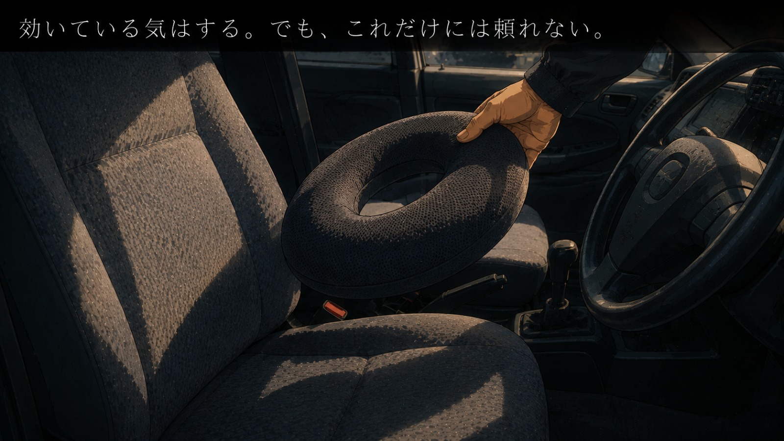 運転席の座面でドーナツ型のクッションを持ち上げている手元のクローズアップ。