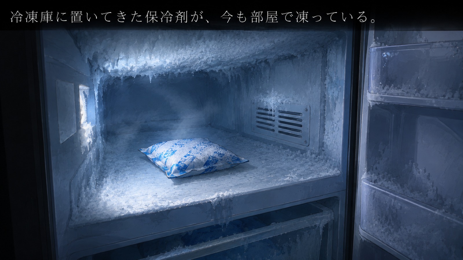 自宅の冷凍庫の中に保冷剤だけが残っている様子。