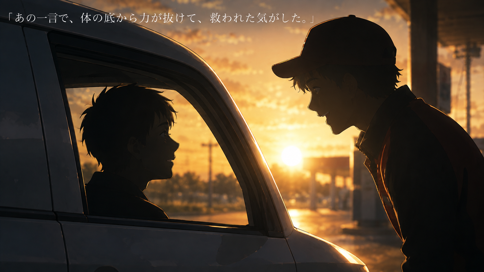 早朝のガソリンスタンドで、朝日を背にした逆光のシルエットで、車の窓越しに向き合う運転手と店員さん