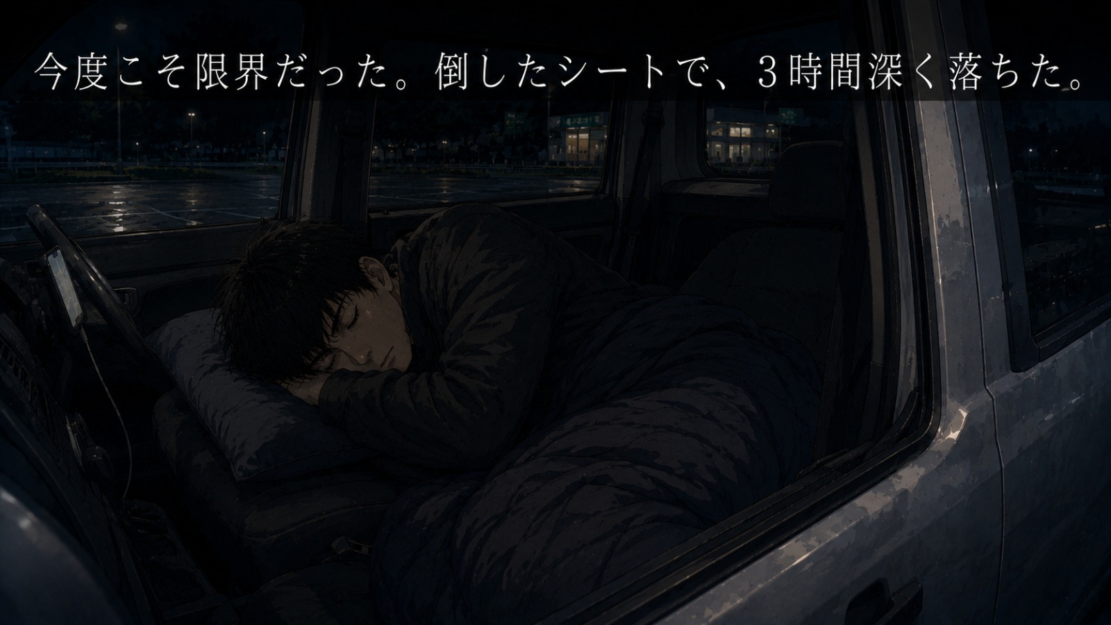 深夜、サービスエリアの駐車場でシートを倒して深く眠り込んでいる様子。