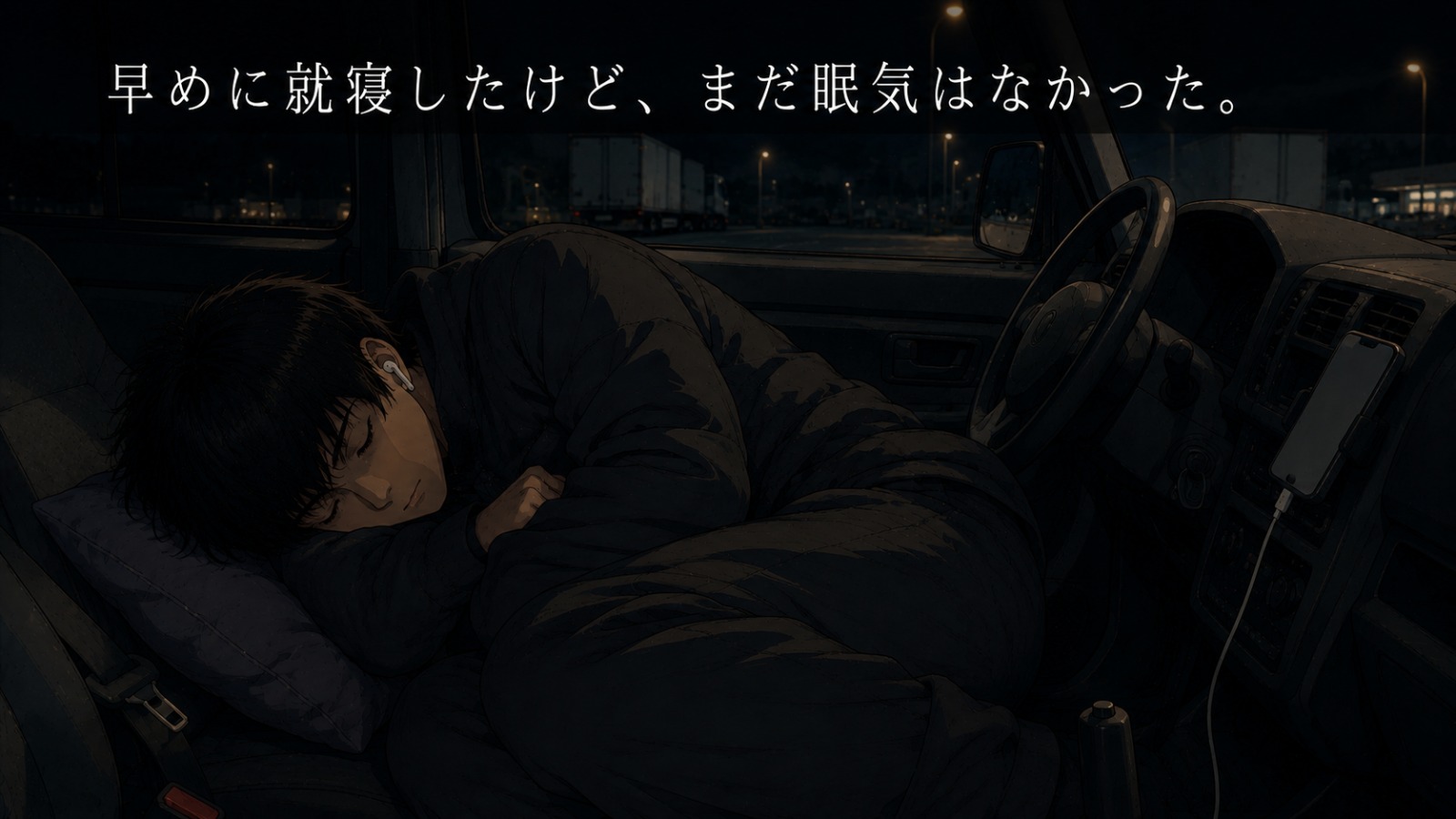 夜、車内で耳栓とイヤホンをつけて仮眠を試みているが、まだ眠れずにいる様子。