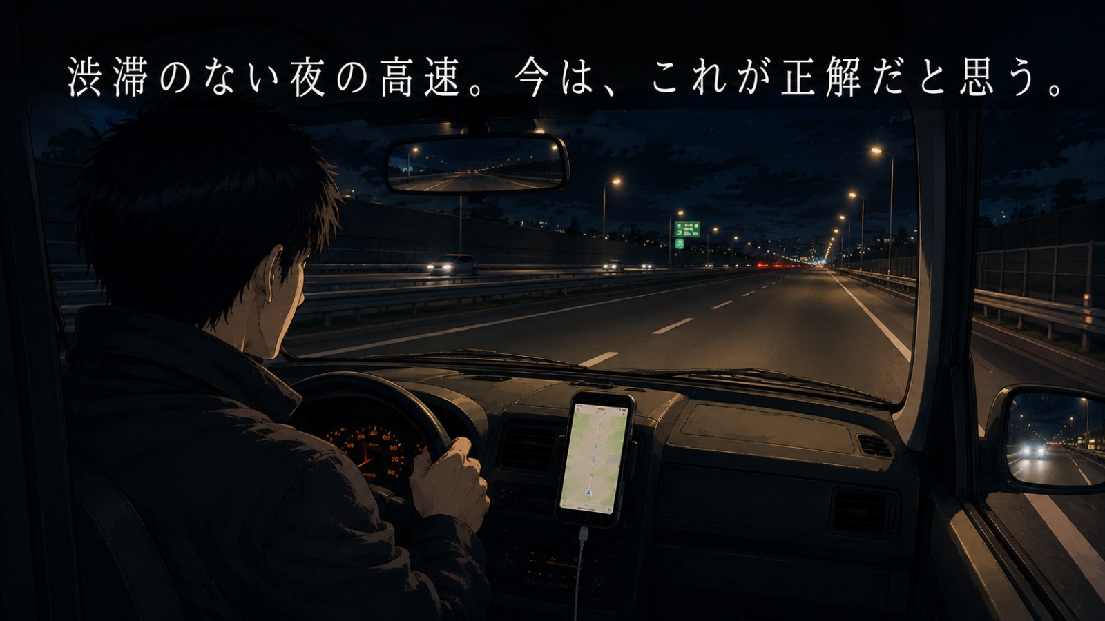 夜、車の流れがほとんどない高速道路を運転している様子。プロボックスの運転席から見た視点。