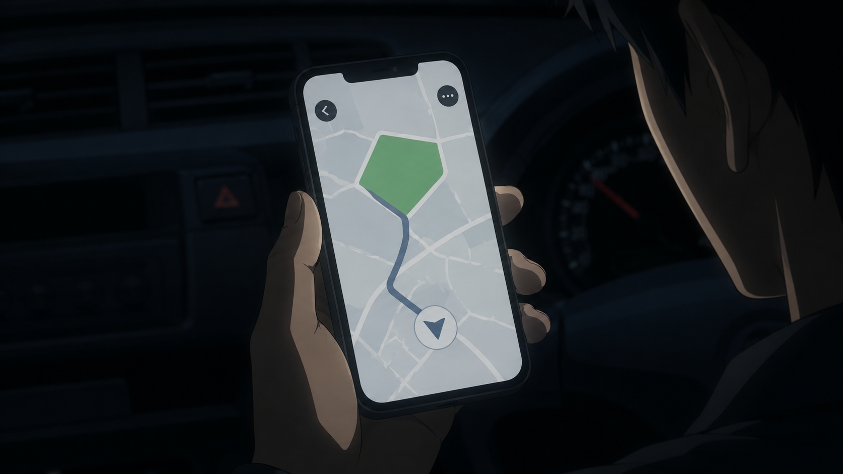 スマホの地図アプリで、緑色に塗られたエリアを事前にオフライン地図としてダウンロードしているイメージ