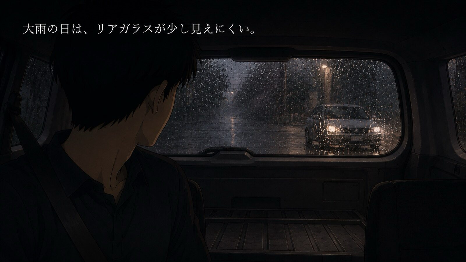 大雨の日、水滴の付いたリアガラス越しに後続車を見る運転者視点。視界がぼやけて見えにくい様子