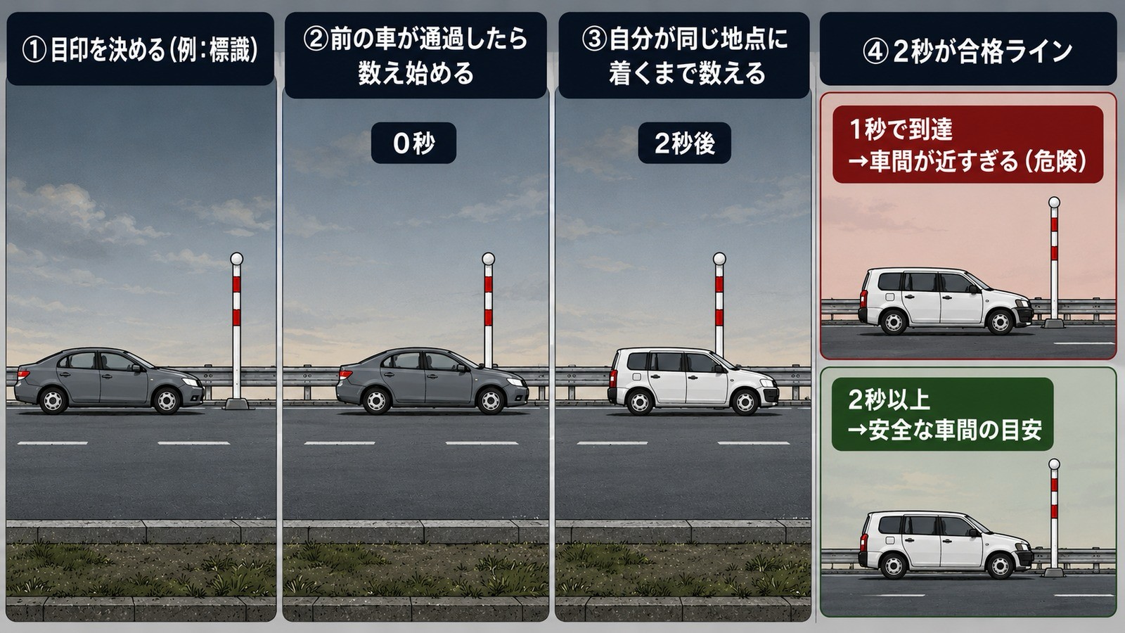 目印になる標識を前の車が通過してから、自分の車が同じ標識に到達するまでの時間を数える車間距離の測り方。1秒で到達すると車間が近すぎて危険、2秒以上なら安全な目安という4ステップの図解