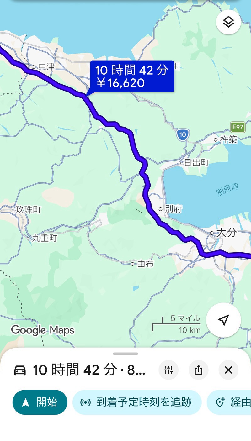 別府・大分を経由して直進する、本来向かうはずだったルート(10時間42分・16,620円)