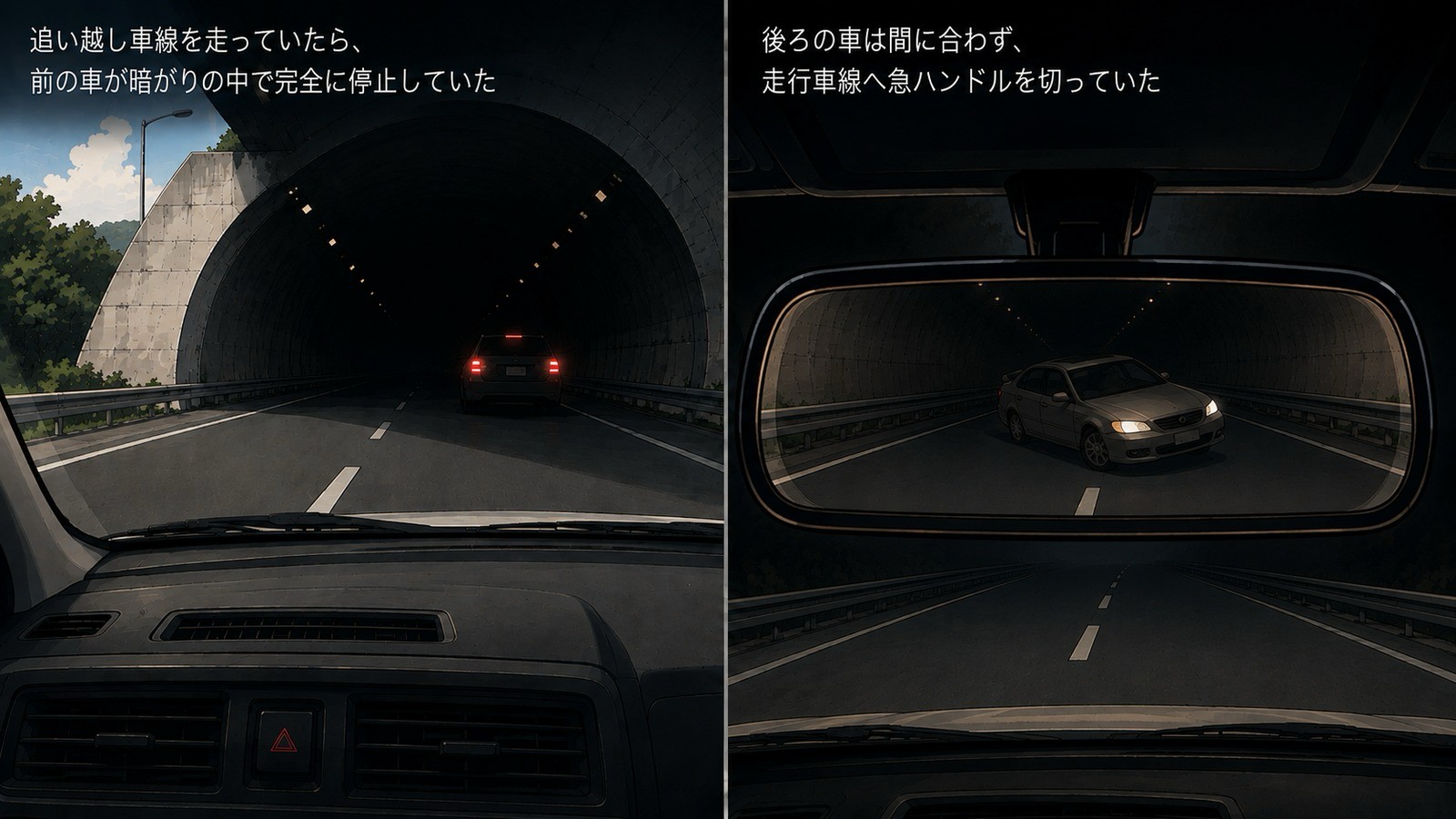 追い越し車線を走行中、暗いトンネル内で前の車が完全に停止している場面と、ルームミラー越しに後続車が走行車線へ急ハンドルを切って避けている場面の2コマイラスト