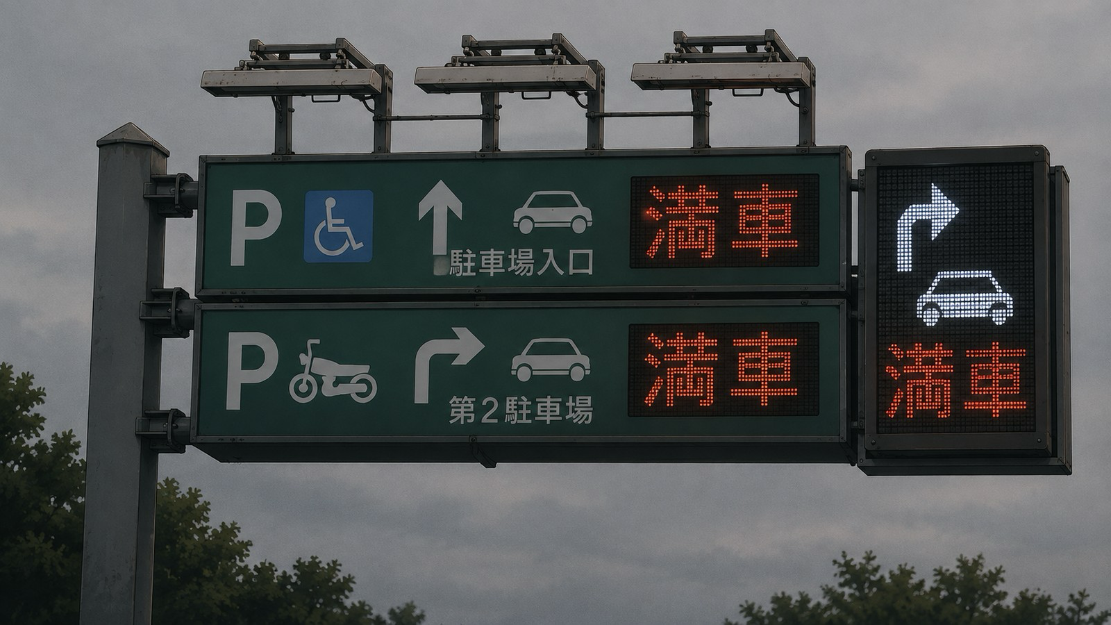 サービスエリアの入口案内標識に「満車」と赤く表示されている様子