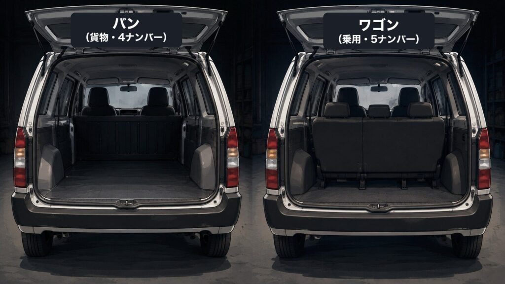 プロボックスのバン(貨物・4ナンバー)とワゴン(乗用・5ナンバー)の後部座席・荷室の違いを比較した図