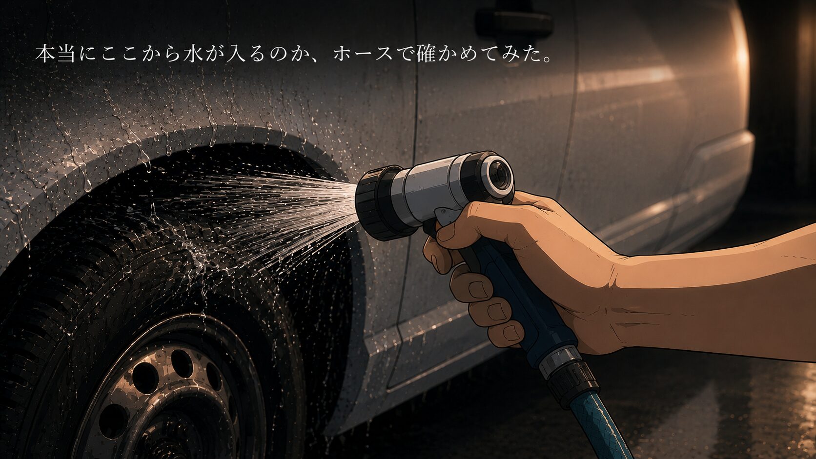 ホースの水をタイヤハウス付近にかけて、水の侵入経路を確かめている様子