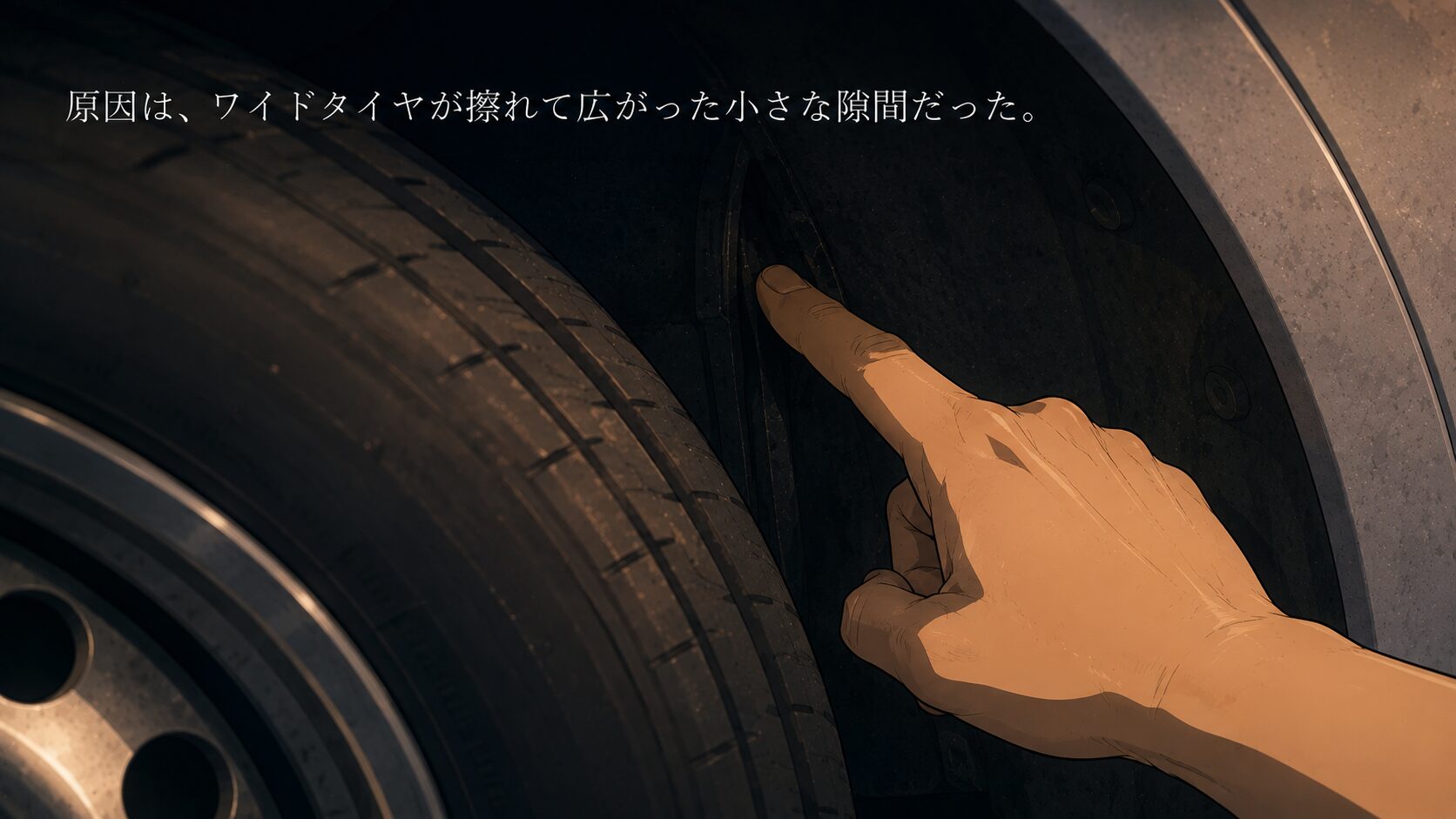 タイヤの陰になった内側の隙間を指で差し示している様子