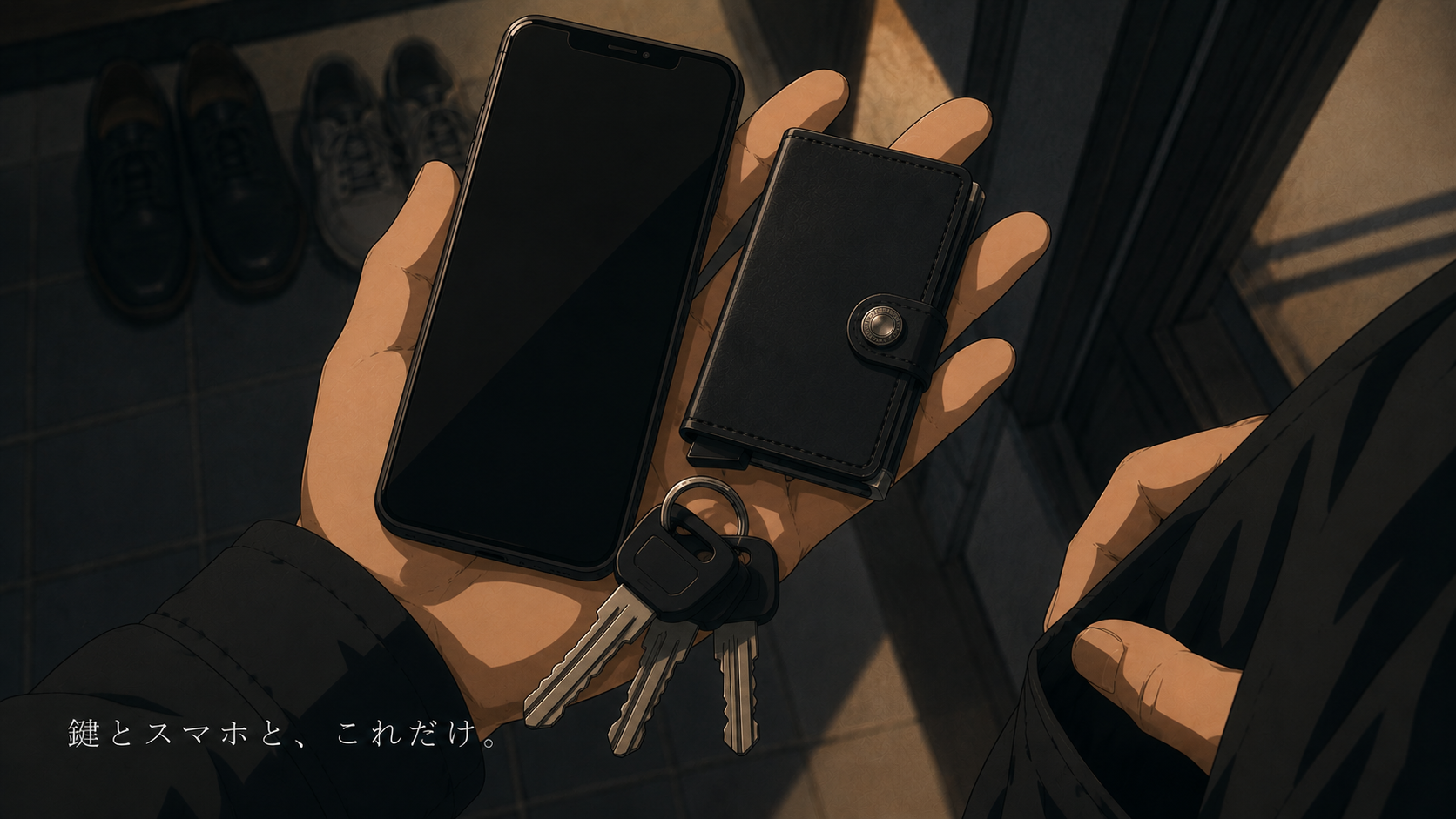 玄関で鍵とスマホと黒い財布だけを手に持っている写真
