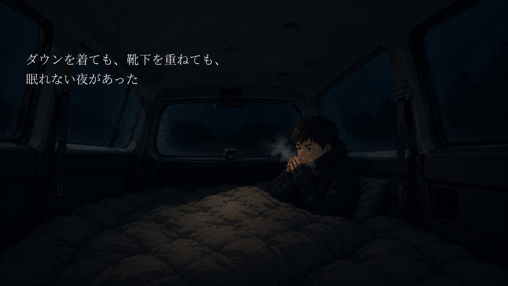 ダウンを着て靴下を重ねても寒くて眠れず、両手を口元に当てて息を温めているプロボックス車内の様子