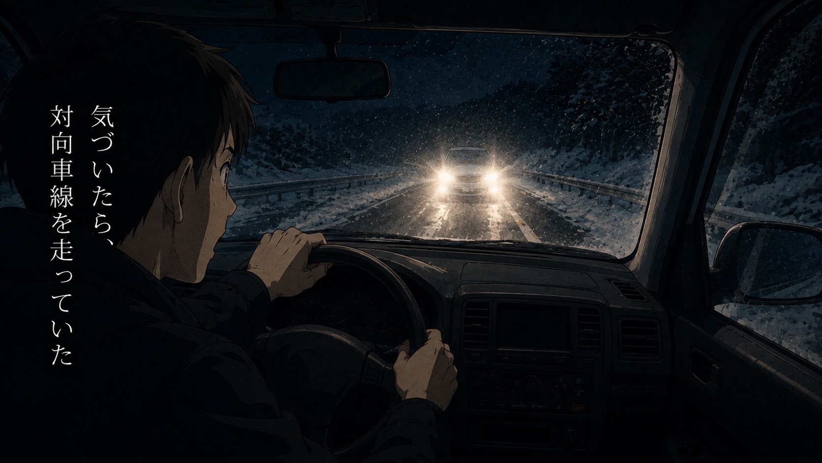 プロボックス運転中、雪の夜道で対向車のヘッドライトが迫る緊迫した瞬間