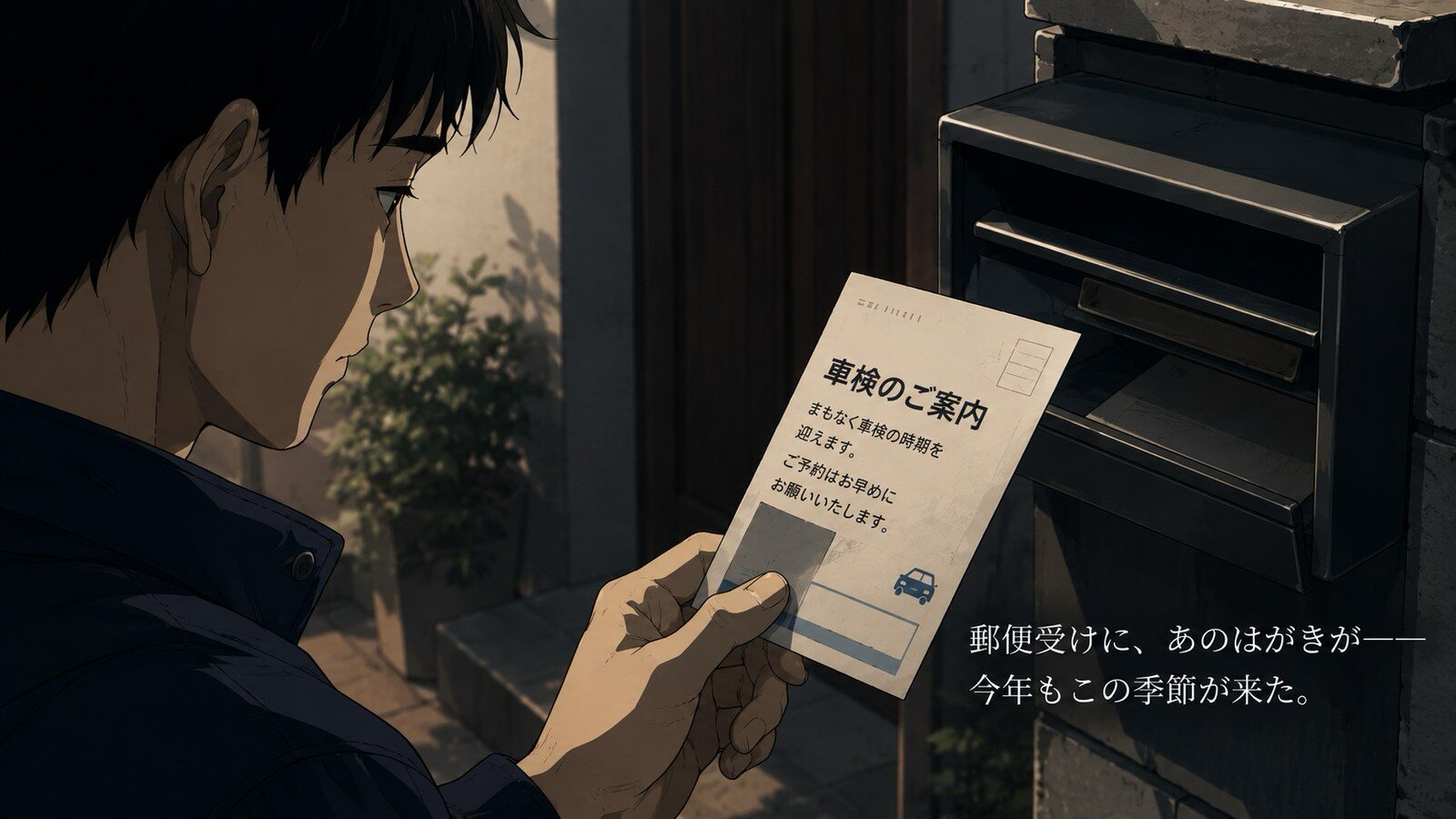 郵便受けに車検案内のはがきが届いた場面のイラスト