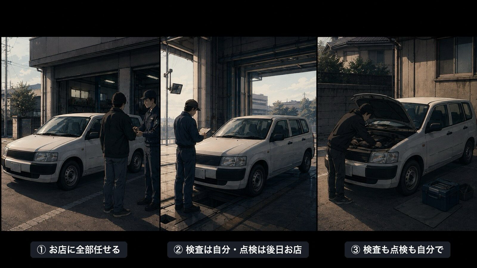 車検を「お店に任せる」「検査は自分・点検は後日お店」「検査も点検も自分で」の3パターンを比較したイラスト