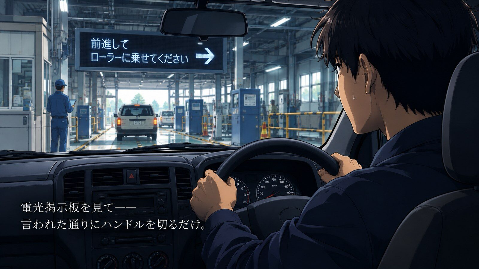 ユーザー車検の検査コースで電光掲示板の指示に従って運転する場面のイラスト