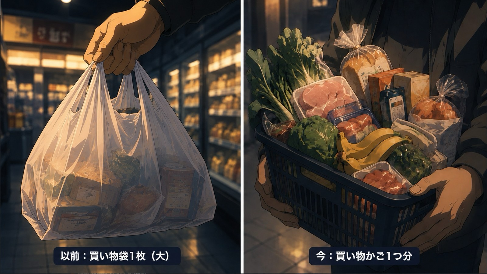 以前の買い物袋1枚分と、今の買い物かご1つ分の食品量を比較した画像（左：以前・買い物袋1枚、右：今・買い物かご1つ分）