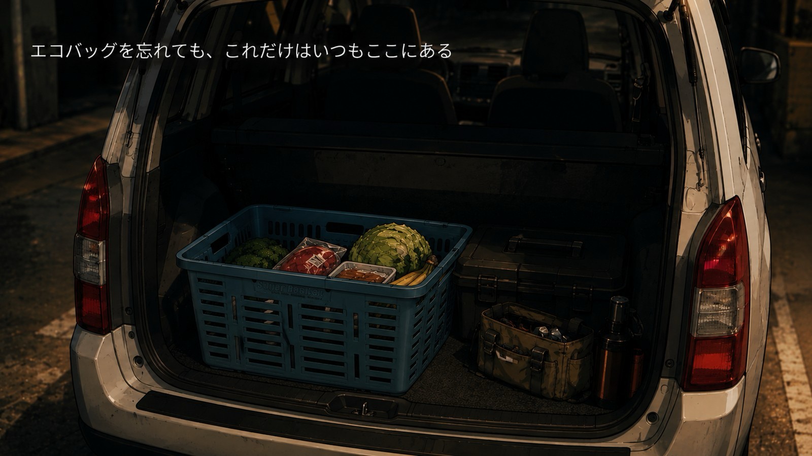 車のトランクに買い物カゴが常備され、野菜や果物が入っている様子