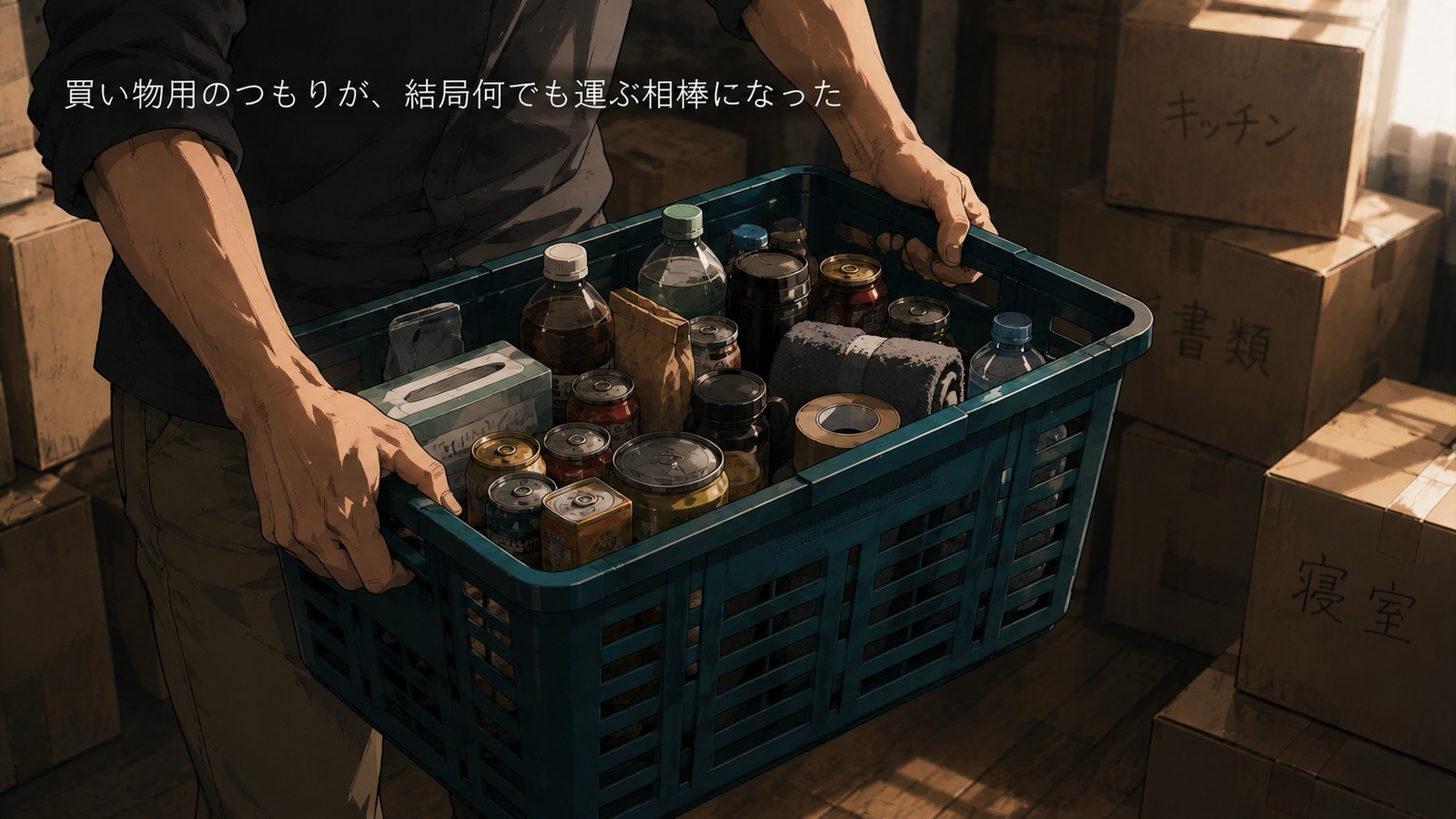 引っ越しの段ボールに囲まれ、カゴで日用品や飲料をまとめて運んでいる場面