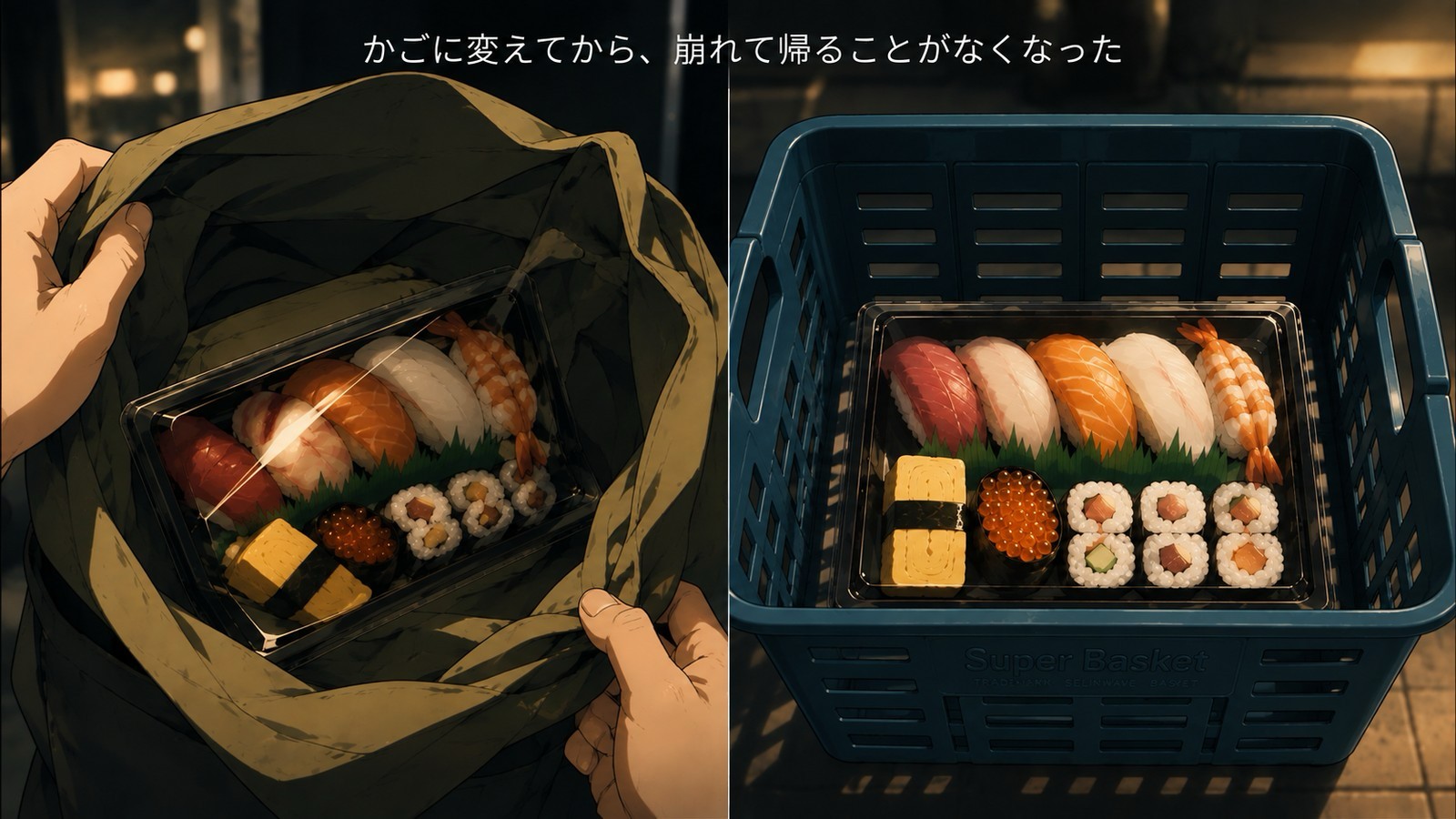 エコバッグでは寿司が崩れそうだが、カゴでは水平に安定して収まっている比較