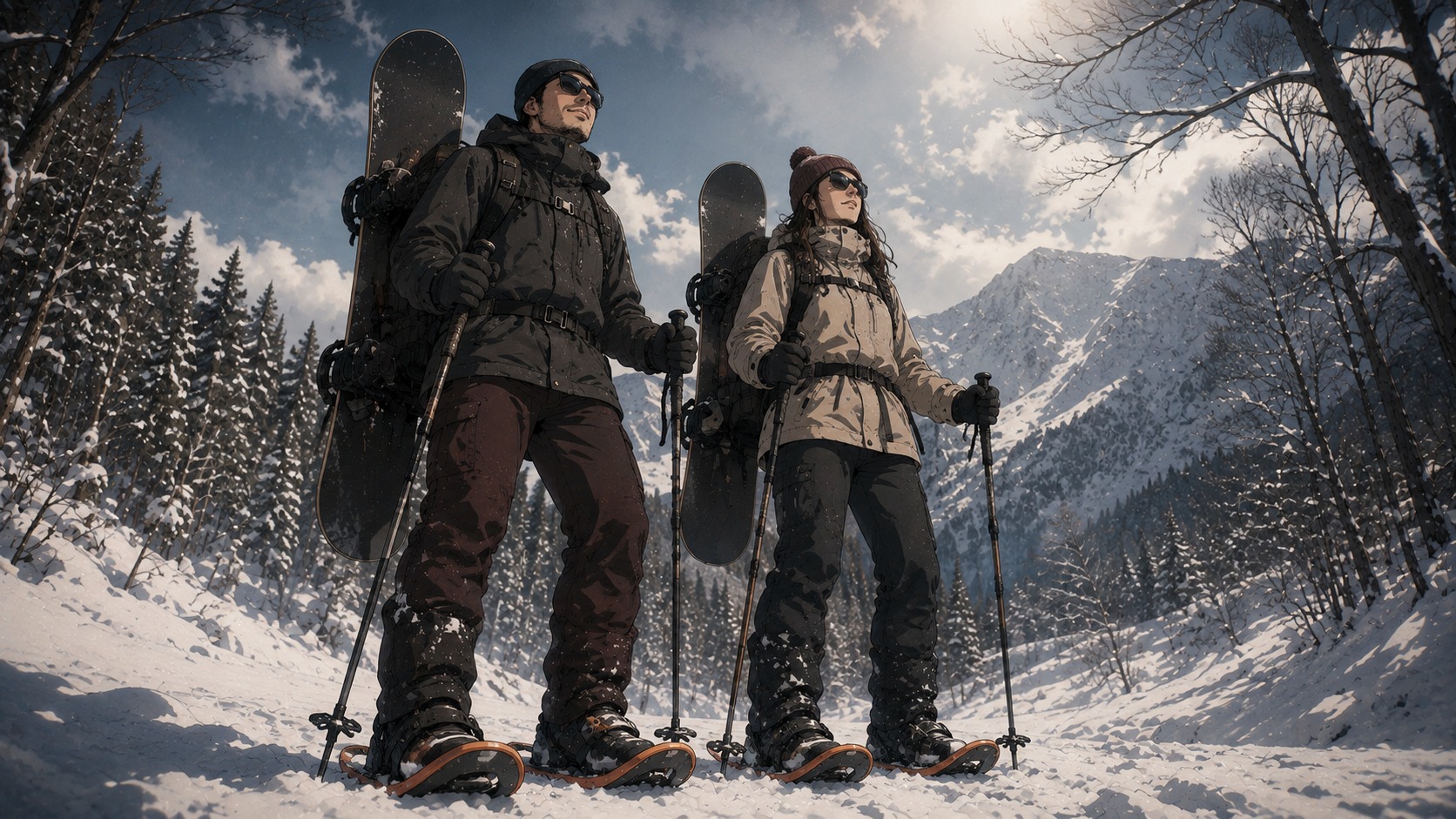 雪山の斜面のふもとで、ブーツにスノーシューを装着し両手にストックを持ち、サングラスをかけた男女2人がこれから登ろうとしている様子。背負ったバックパックにスノーボードの板をくくりつけていて、バックカントリー系に多い登山のような装いが分かる