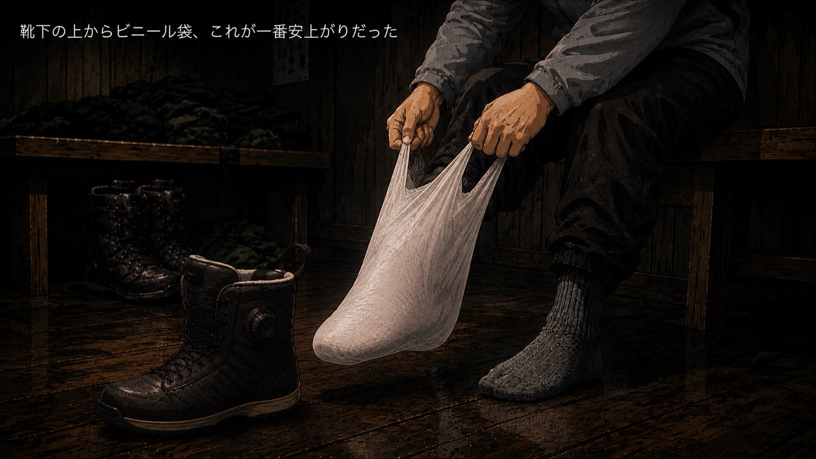 スノーボードブーツを履く前に、靴下の上からビニール袋を履いて防水対策をしている様子のイラスト