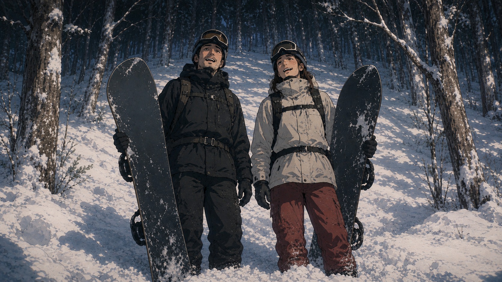 木々に囲まれた新雪のエリアで、パウダーランを滑り終えたばかりの男女2人が、先端の反り上がった専用のパウダーボードを持って立っている様子。息が上がった様子だが満足そうな表情で、パウダー系に多いやや年配寄りの雰囲気が分かる