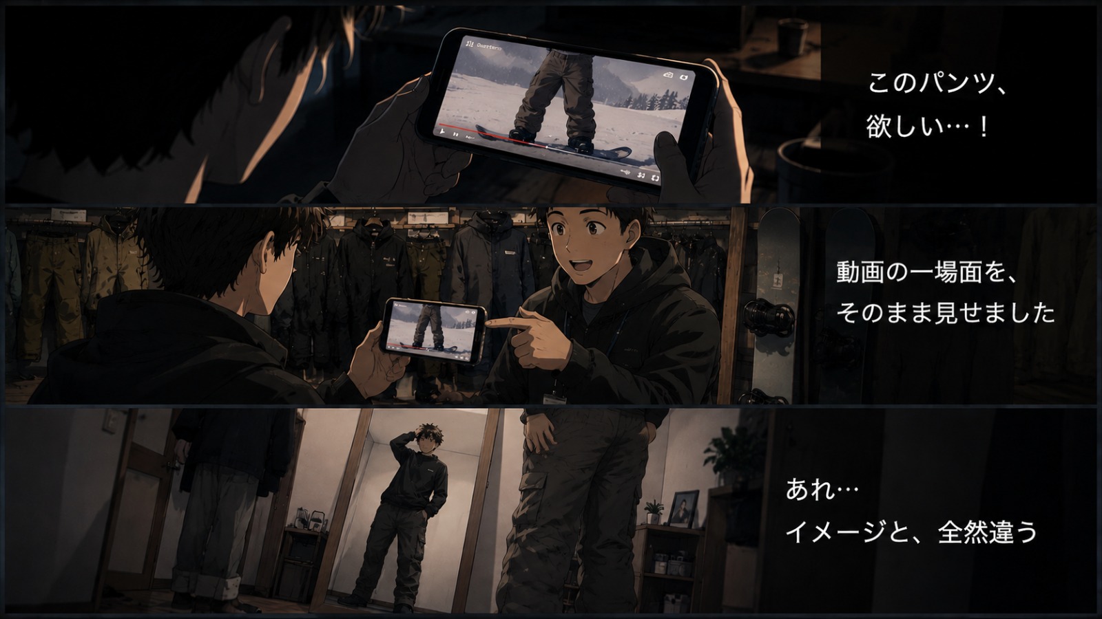 スマホでYouTube動画のスノーボードパンツを見て「欲しい」と思い、店員にその静止画を見せて紹介してもらったが、実際に穿いてみるとイメージと全然違っていた3コマ漫画