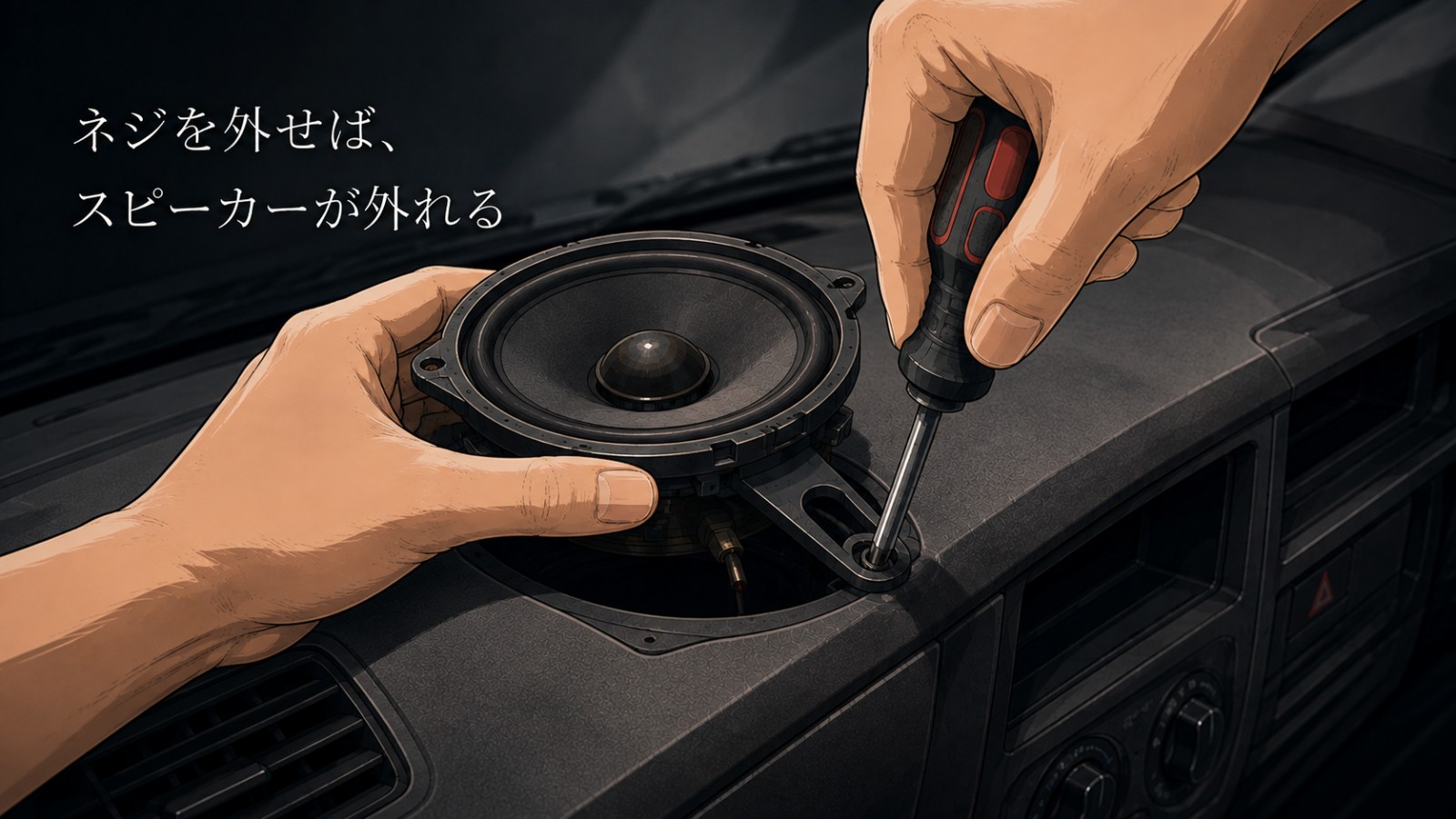 ドライバーで純正スピーカーの固定ネジを外している場面のイラスト