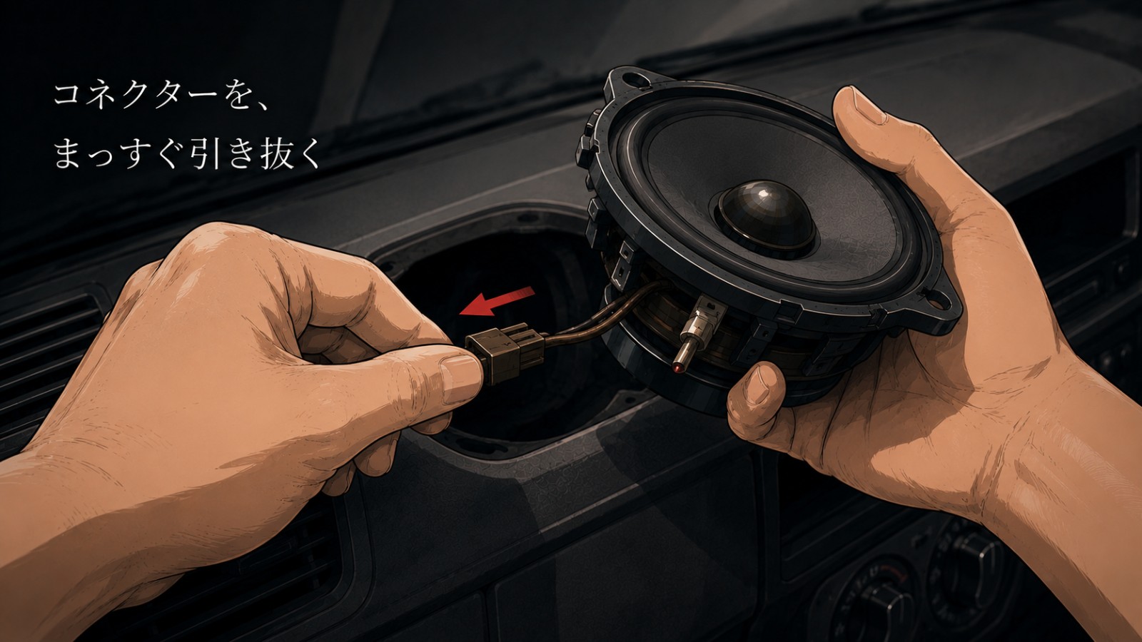 純正スピーカーの配線コネクターを手で引き抜いている場面のイラスト