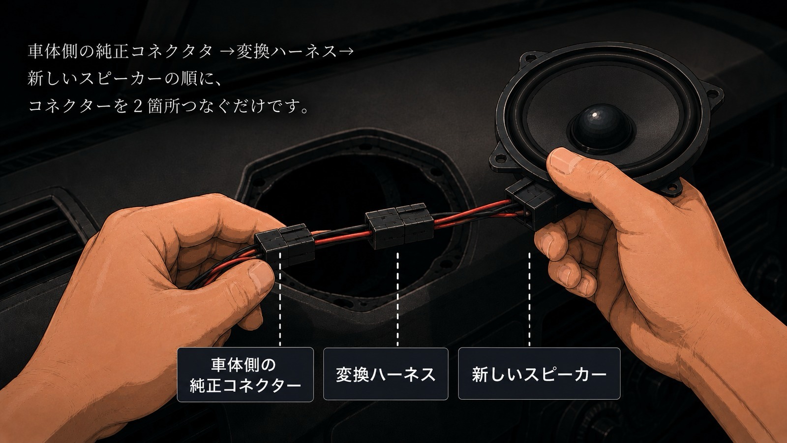 車体側の純正コネクター・変換ハーネス・新しいスピーカーの3点をラベルで示した接続図解イラスト