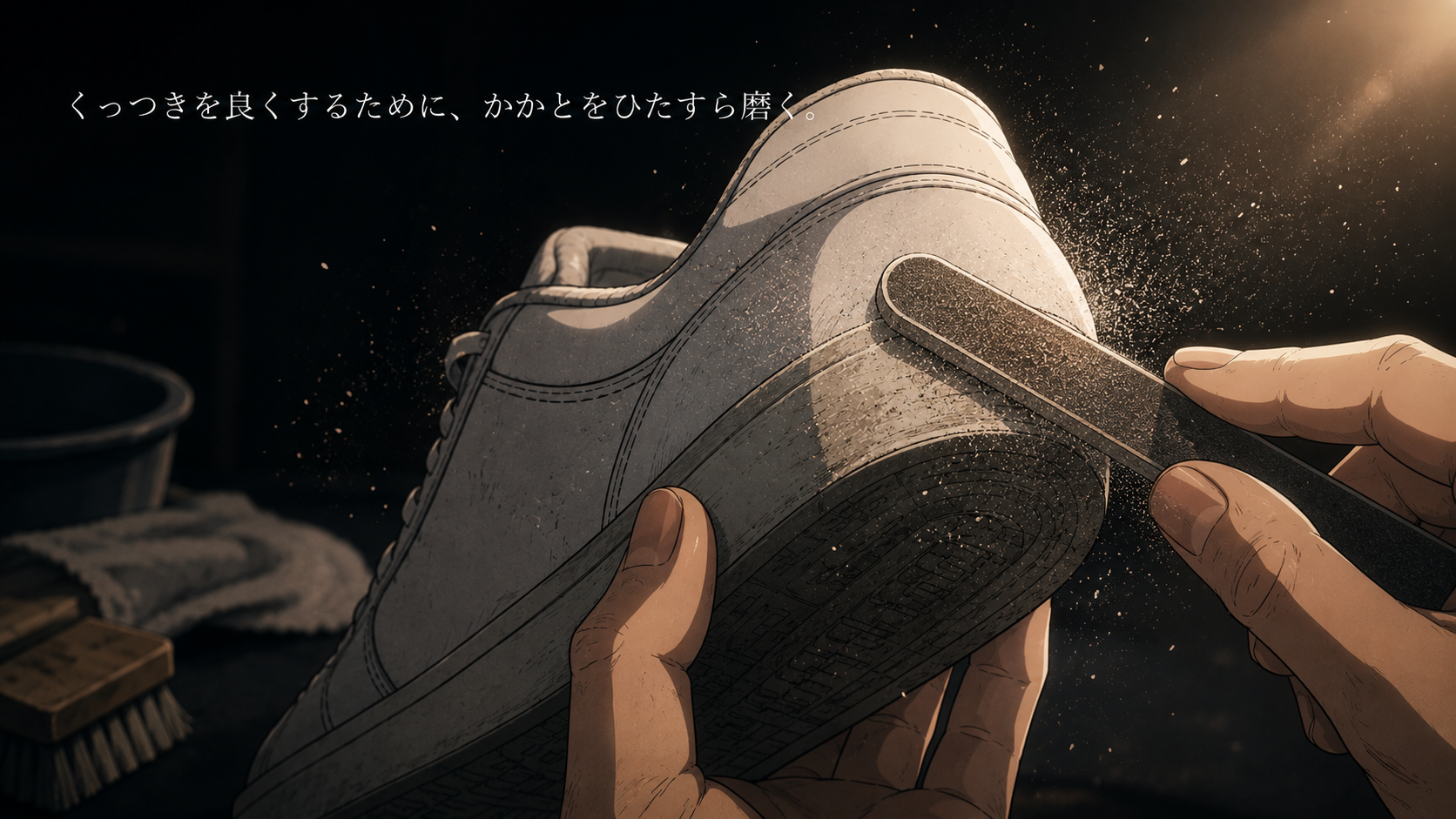 やすりでスニーカーのかかとを磨いている様子