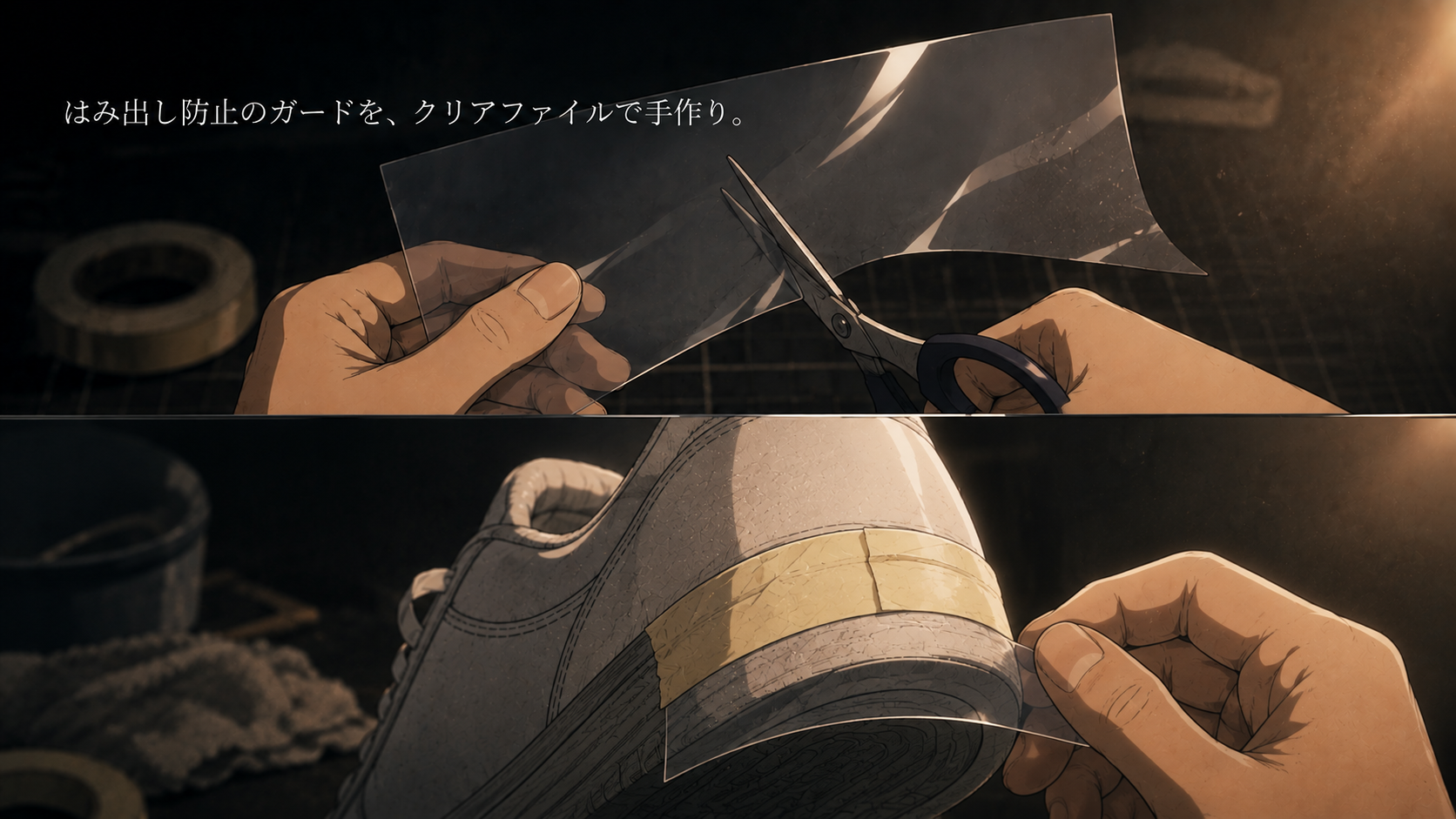 クリアファイルをカットしてかかとにテープで固定している様子