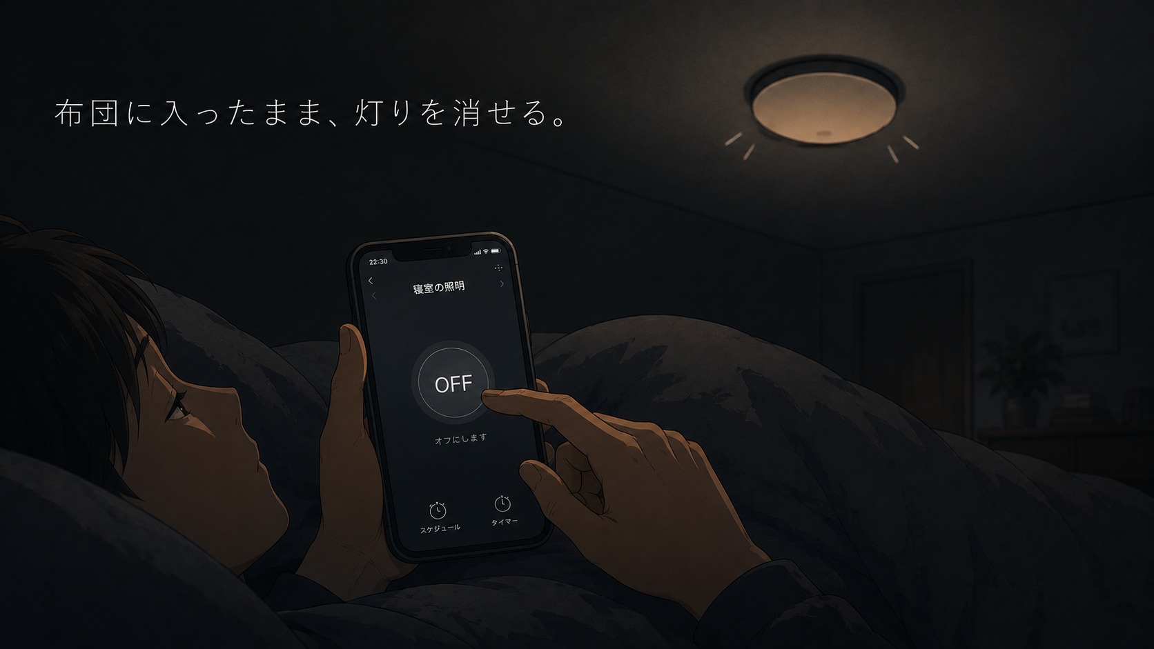 布団に入ったままスマホでSwitchBotを操作し、寝室の照明を消す様子