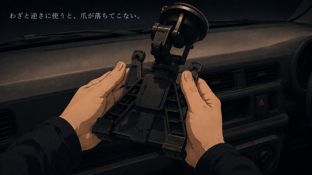 タブレットホルダー本体を上下逆さまに持ち、爪の構造を確認している手元のイラスト