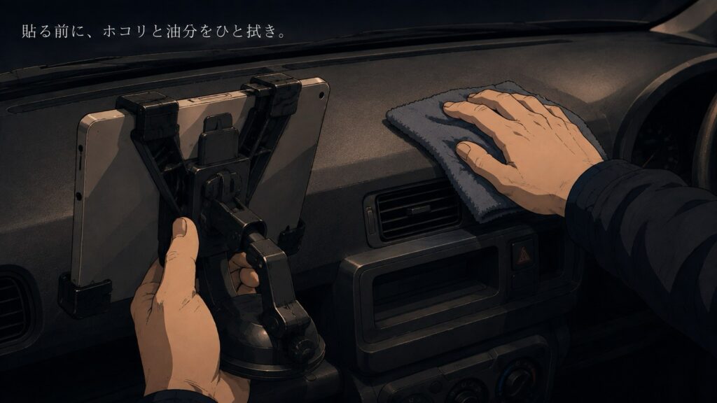 プロボックスの車内、ダッシュボードを布で拭いている手元と、待機しているタブレットホルダーのイラスト