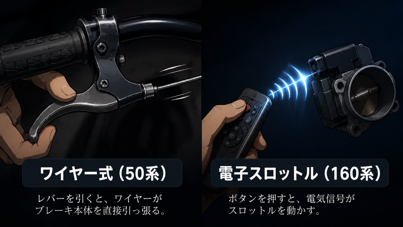 左に自転車のブレーキワイヤー式（50系のたとえ）、右にリモコンで電気信号を飛ばす電子スロットル（160系のたとえ）を対比した図解