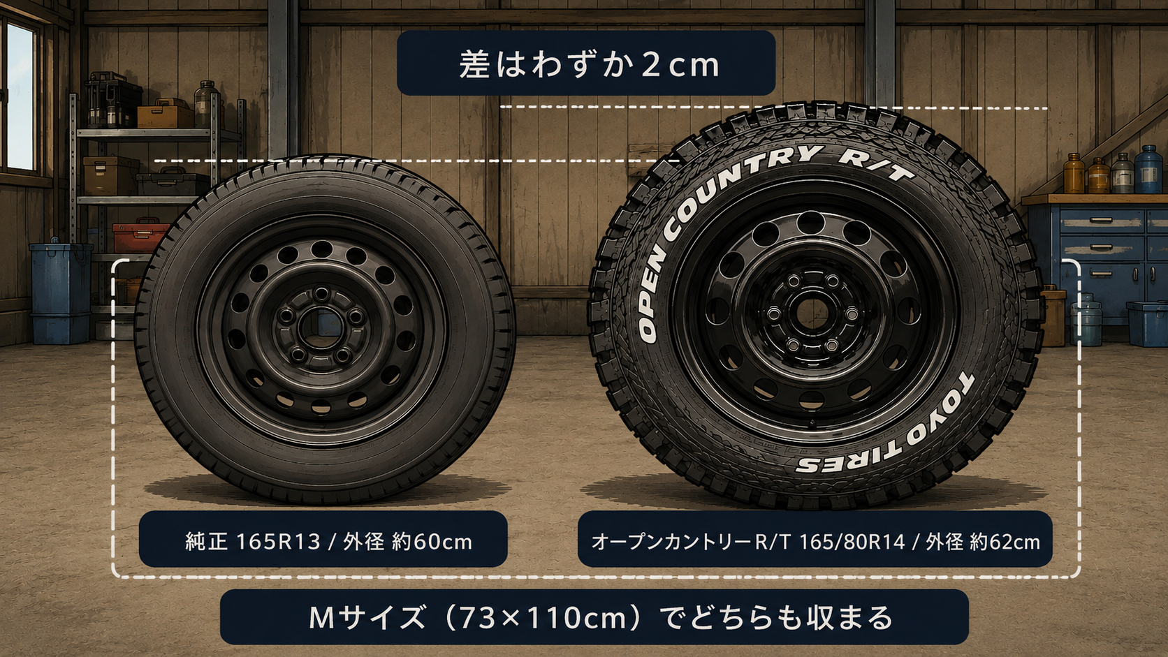 純正165R13とオープンカントリーR/T165/80R14の外径比較図解（差は2cm・Mサイズのタイヤカバーで両方収まる）