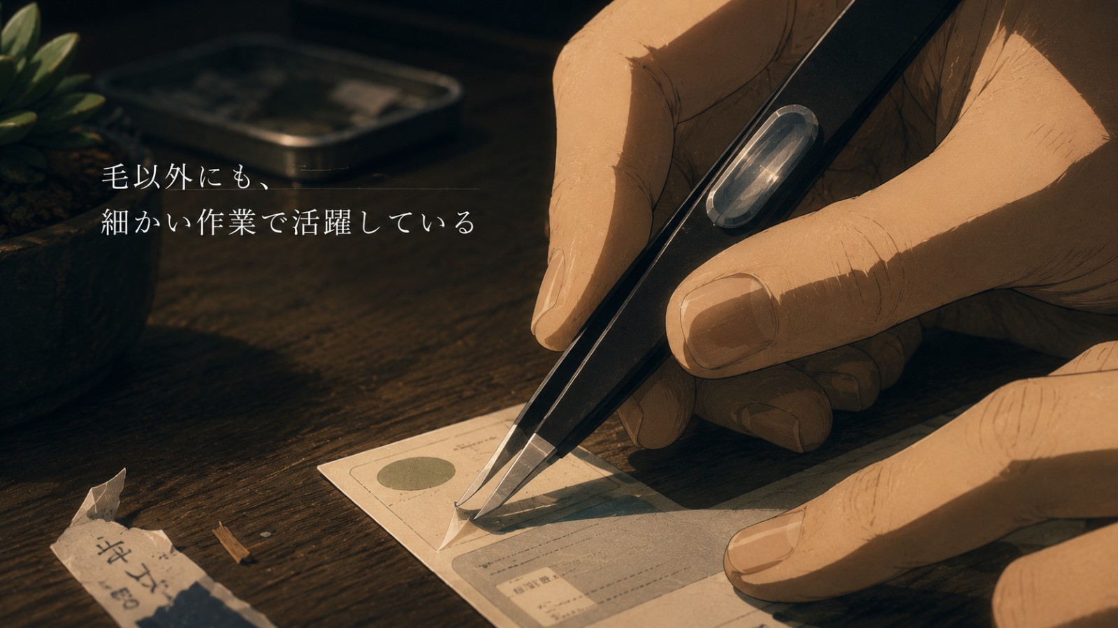 毛抜きでトゲやシールなど細かい作業をする様子