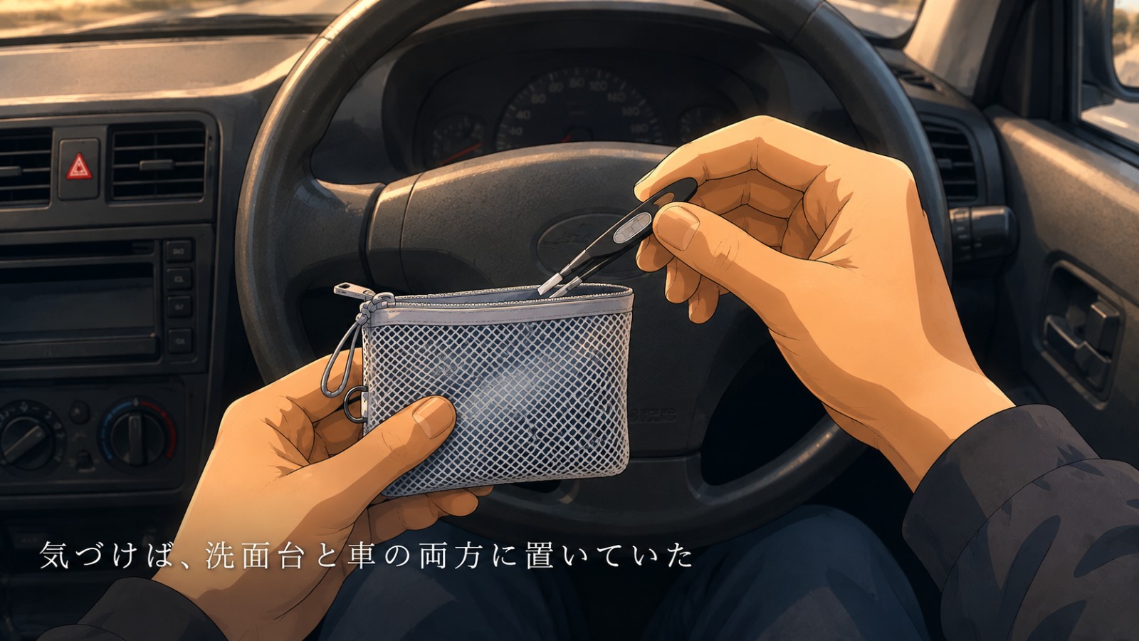 車内のポーチから毛抜きを取り出す様子