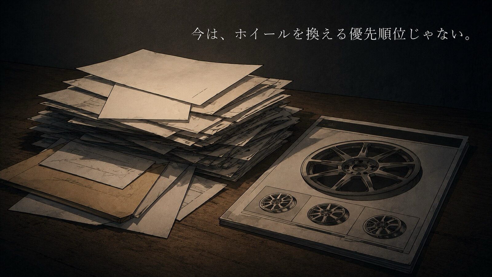 テーブルに積まれた請求書・領収証の束と、伏せて置かれたホイールのカタログ。今はホイール交換より優先すべき出費があることを示す