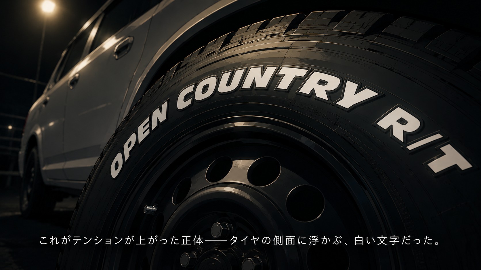 黒いタイヤの側面に浮かぶ白い文字「OPEN COUNTRY R/T」、通称ホワイトレターのクローズアップ。背景にプロボックスの車体
