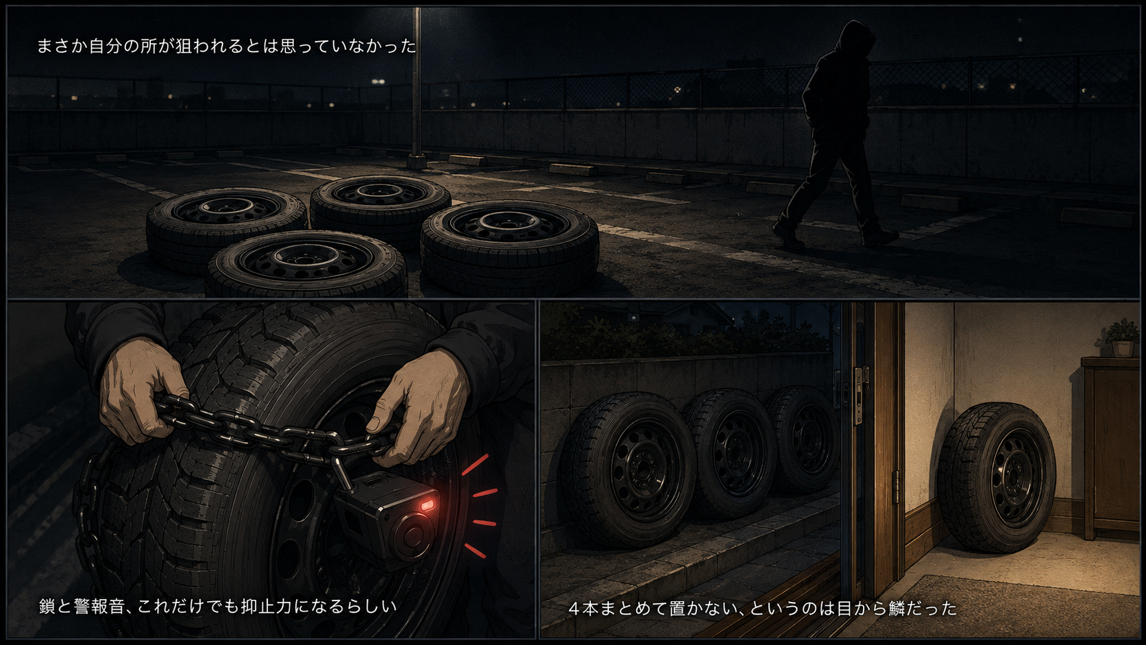 タイヤ盗難対策の3コマ漫画（駐車場での盗難への警戒・チェーンロックと警報音・4本まとめて置かない工夫）