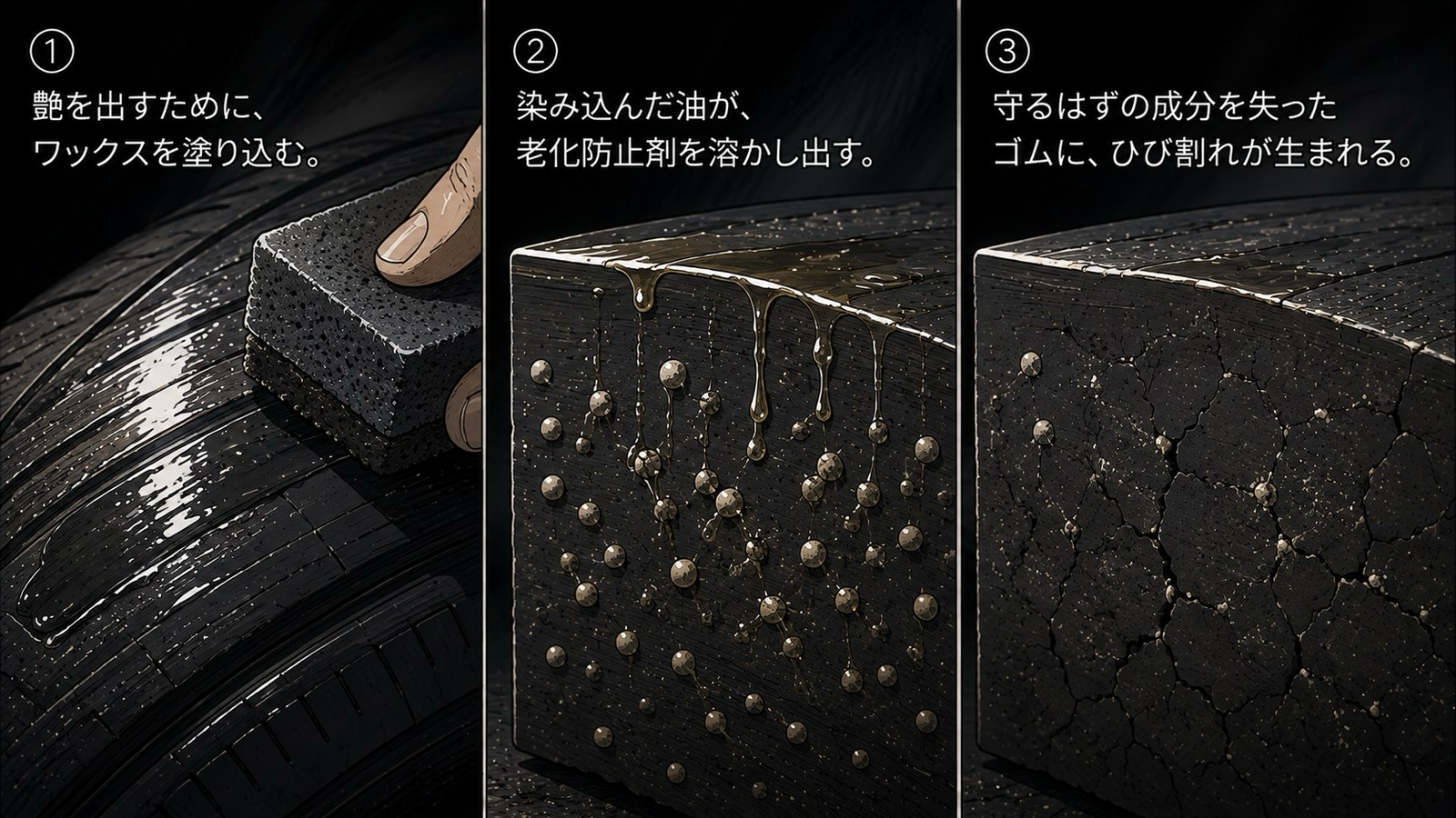 ホワイトレターの手入れで注意したいタイヤワックスの逆効果を示すイラスト3コマ。①スポンジで艶出しワックスをタイヤに塗り込んでいる②ゴム断面で染み込んだ油が老化防止剤の粒を溶かし出している③老化防止剤を失ったゴムにひび割れが広がっている