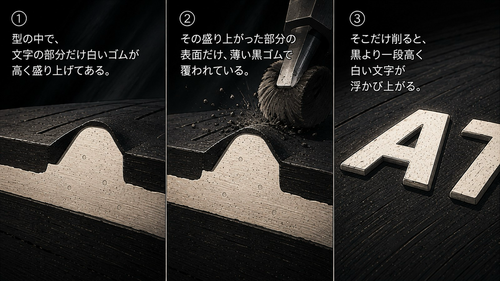タイヤ側面のゴム断面のイラスト3コマ。①金型の中で文字の部分だけ白いゴムが周囲より高く盛り上げて成形されている②盛り上がった部分の表面だけ薄い黒ゴムが削られている③黒い面より一段高く白い文字が浮かび上がる、というホワイトレターが盛り上がって見える仕組みを示した図
